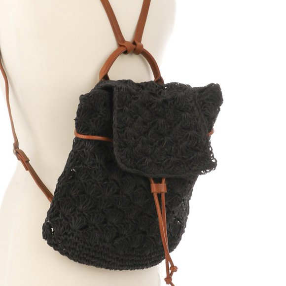 Black/Cognac Drawstring Contrast Crochet Raffia Backpack - Picture 2 of 6